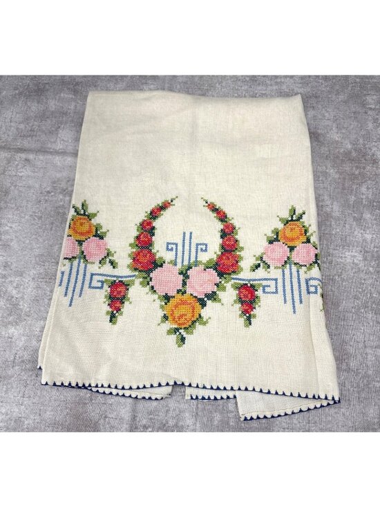 Unknown Other - Embroidered Floral Linen Finger Towel Handmade 19" x 14" Delicate Stitching Vtg